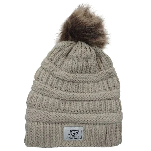 UGG | Accessories | Ugg Knit Ribbed Cable Beanie Hat Faux Fur Pom